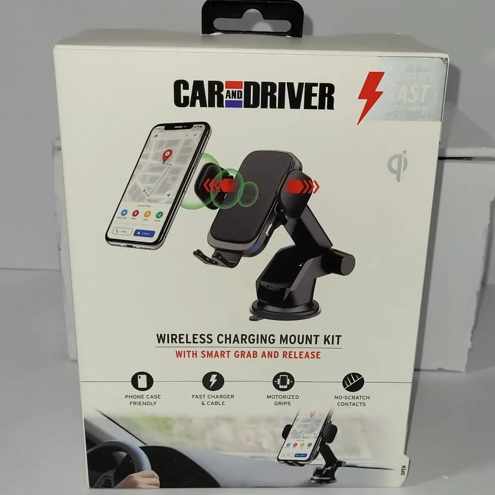 Car And Driver Black Wireless Charging Phone Mount Holder Kit